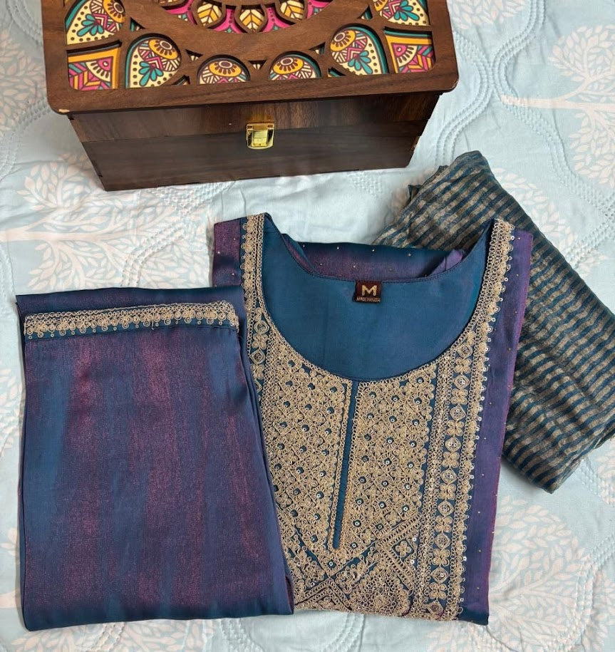 The Royal Teal Ensemble: Hand-Embellished Silk Suite by Lavyam