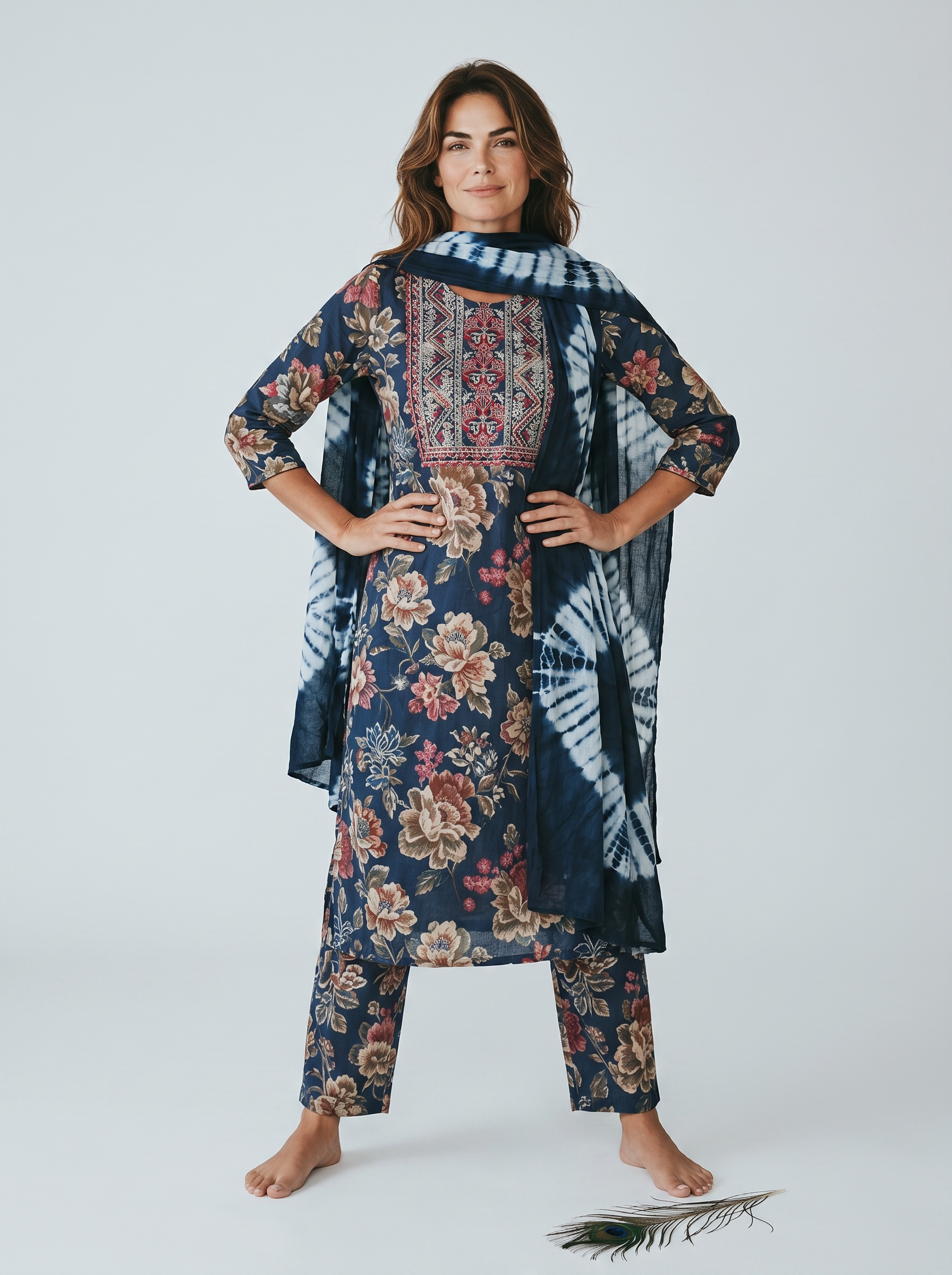 Navy Blue Floral Printed Kurti Set with embroidered yoke
