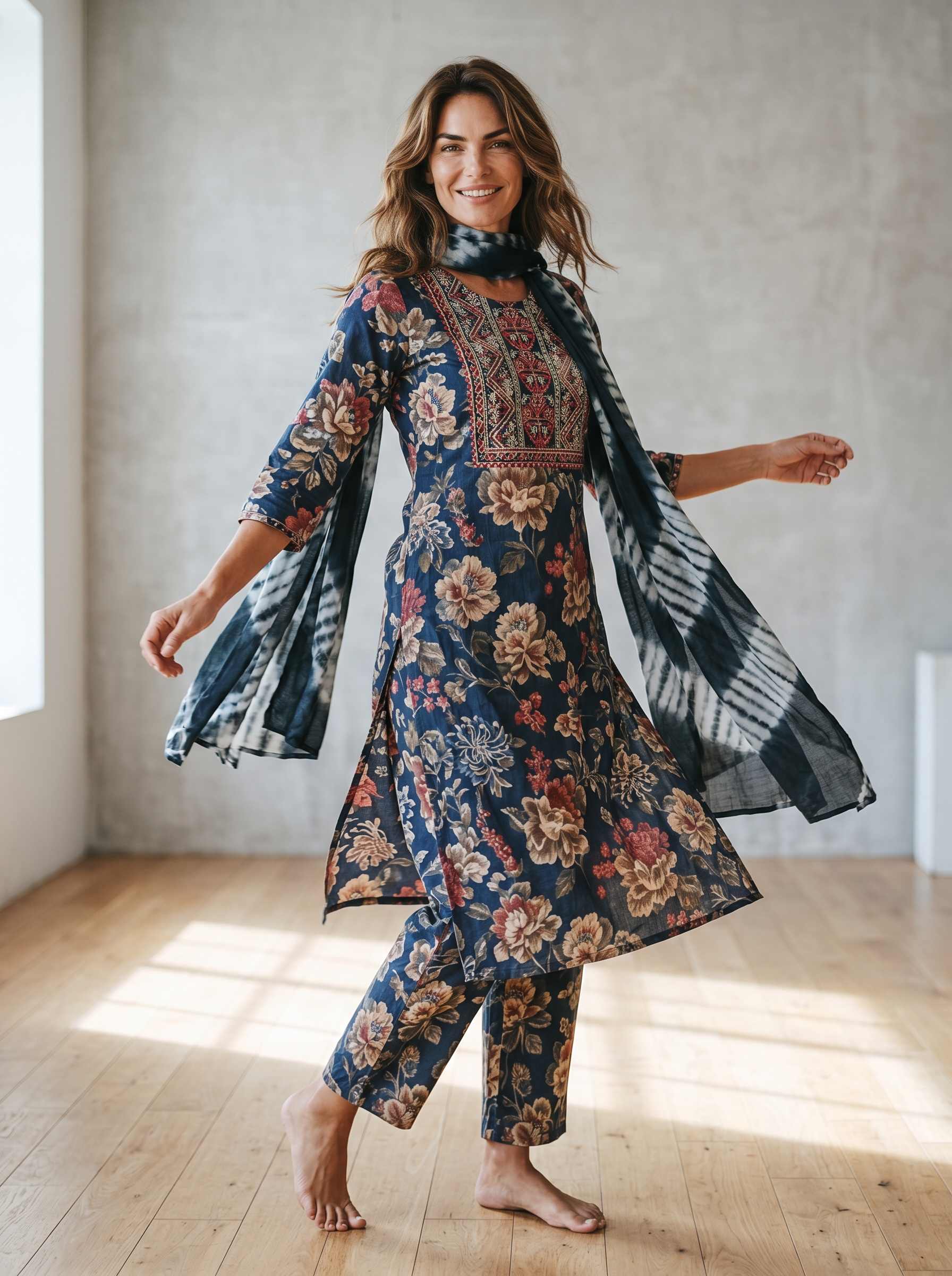 Navy Blue Floral Printed Kurti Set with embroidered yoke
