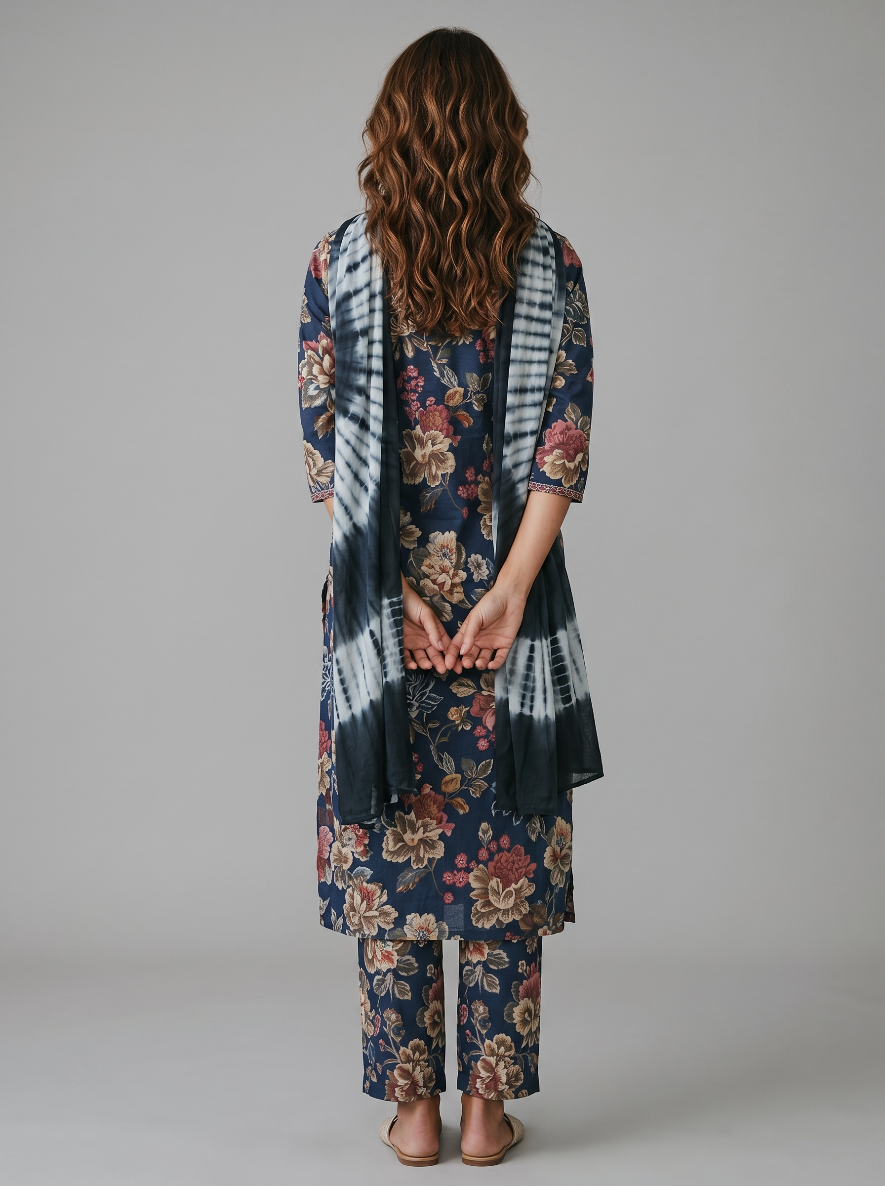 Navy Blue Floral Printed Kurti Set with embroidered yoke
