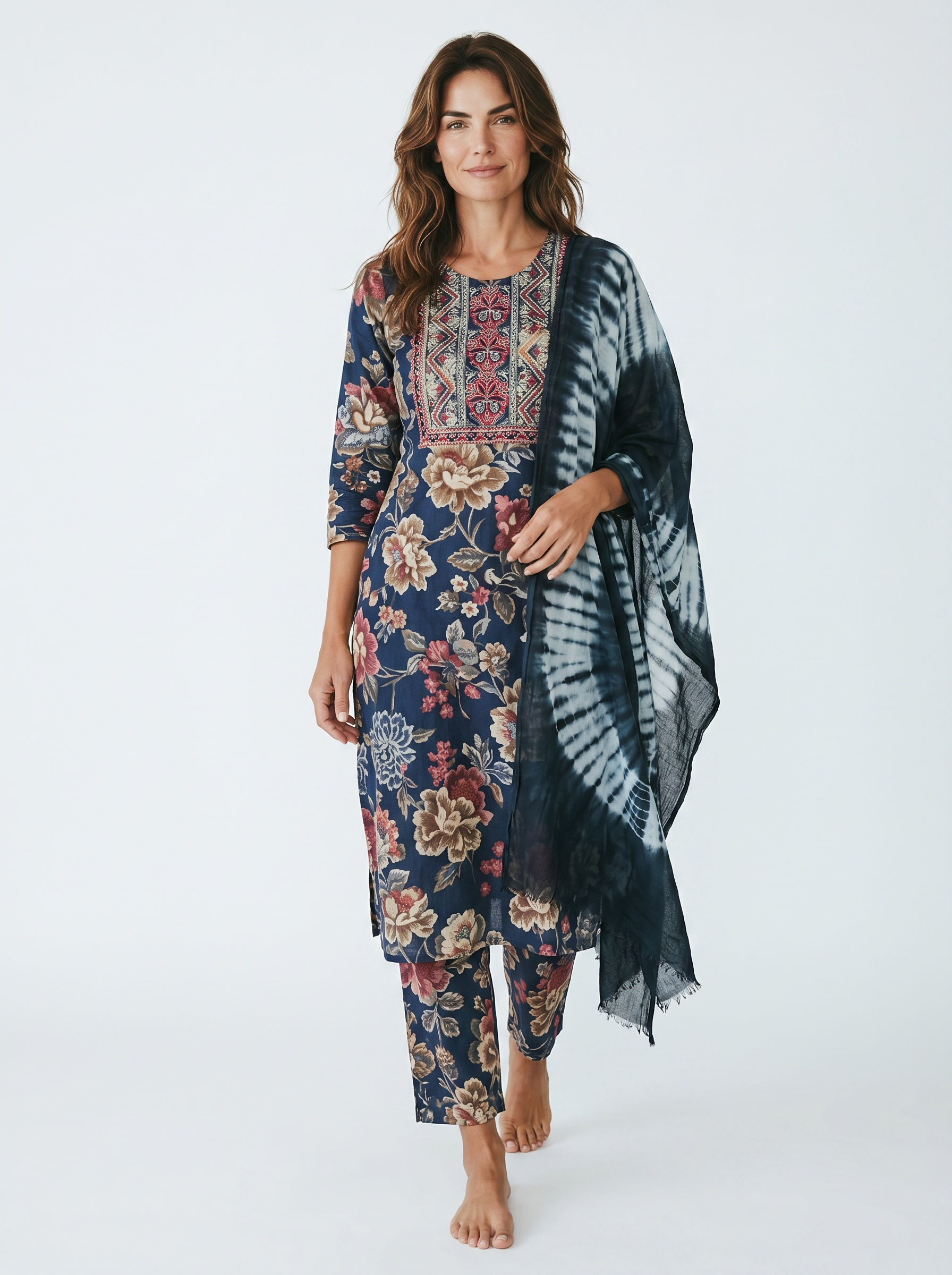 Navy Blue Floral Printed Kurti Set with embroidered yoke