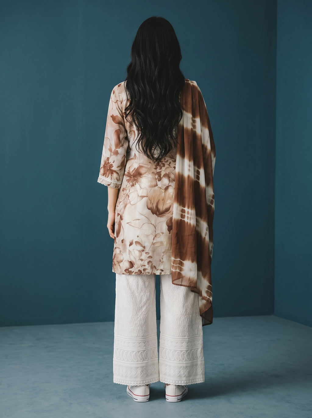 Elegant Floral Kurta Set with Tie-Dye Dupatta