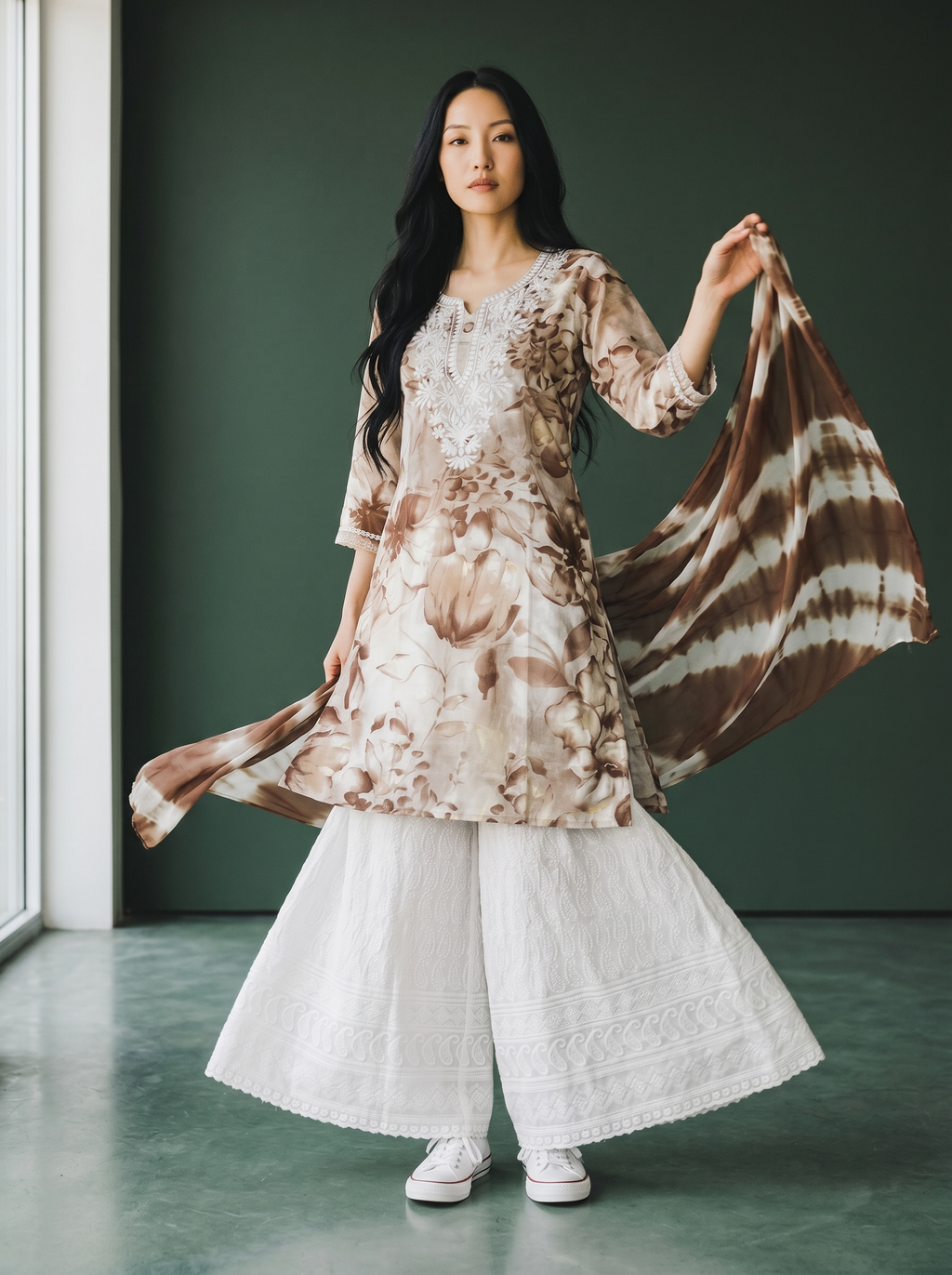 Elegant Floral Kurta Set with Tie-Dye Dupatta