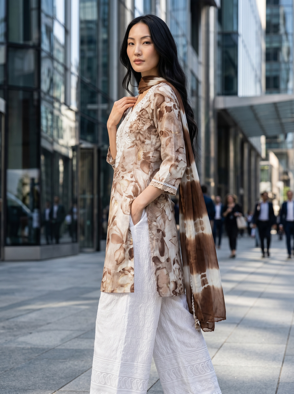 Elegant Floral Kurta Set with Tie-Dye Dupatta