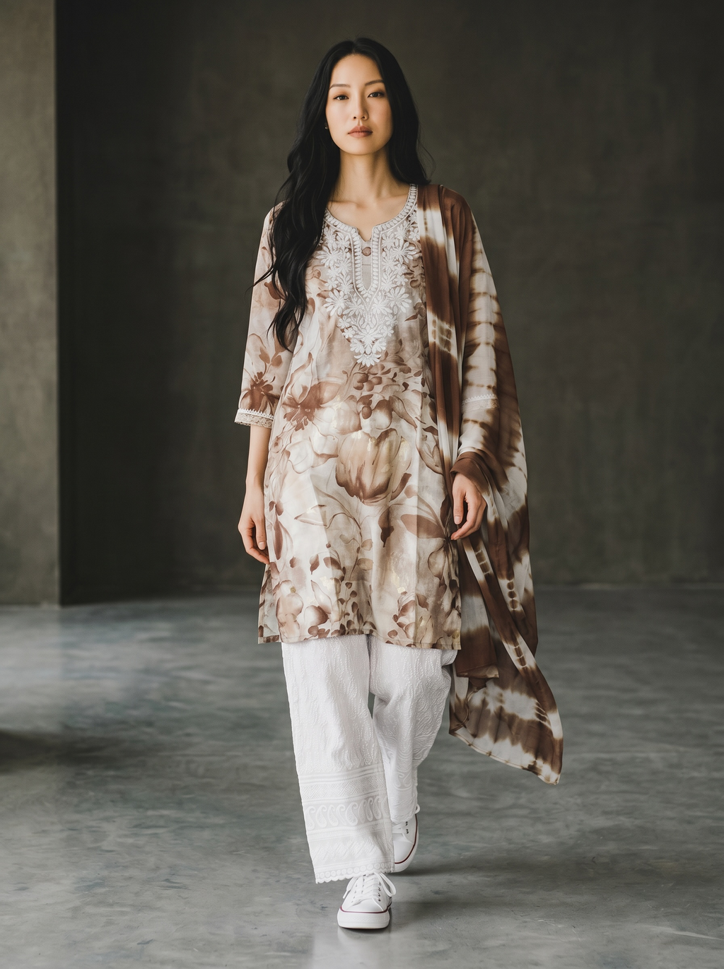 Elegant Floral Kurta Set with Tie-Dye Dupatta