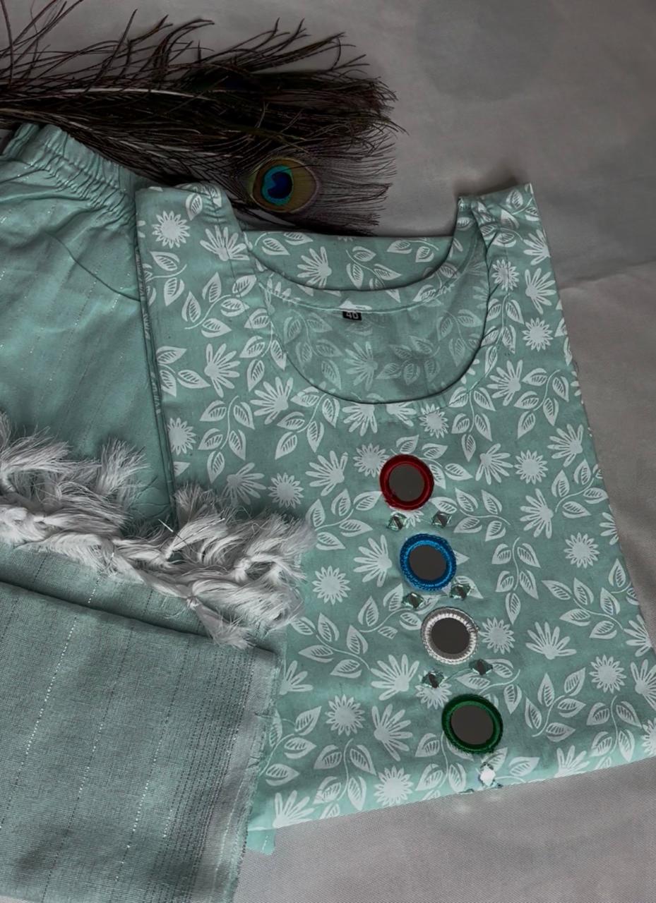 Mint Green Floral Printed Kurti Set